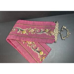 Antique Handmade Needlepoint Bell Pull Tapestry Floral Roses Maroon Estate Find